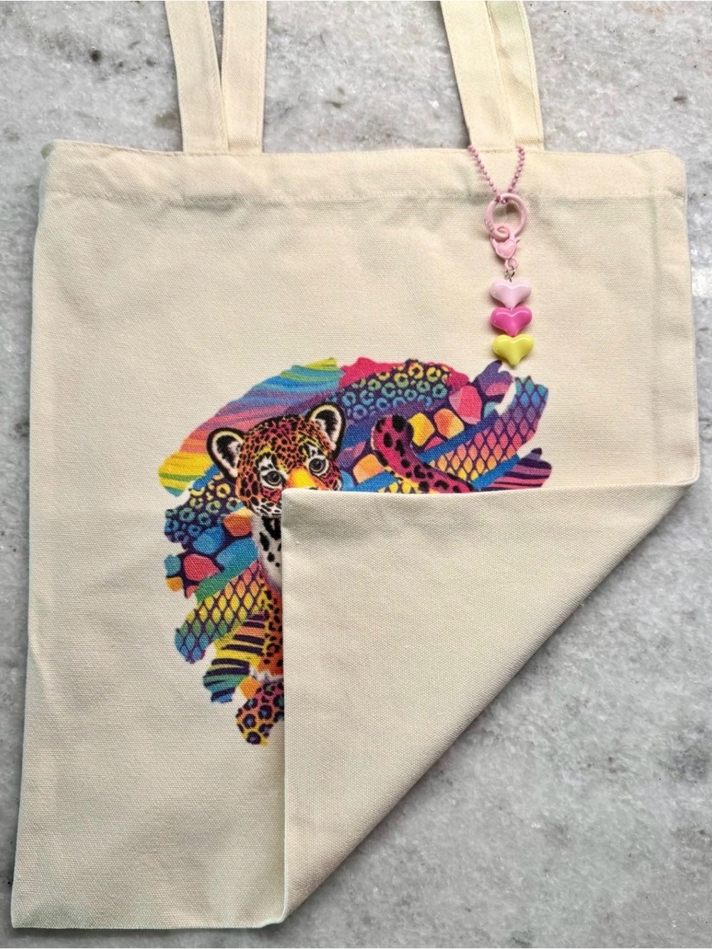 New Retro 80s 90s Style Colorful Leopard Shopping Tote Bag w/ Heart Charm - 15" - Picture 9 of 9